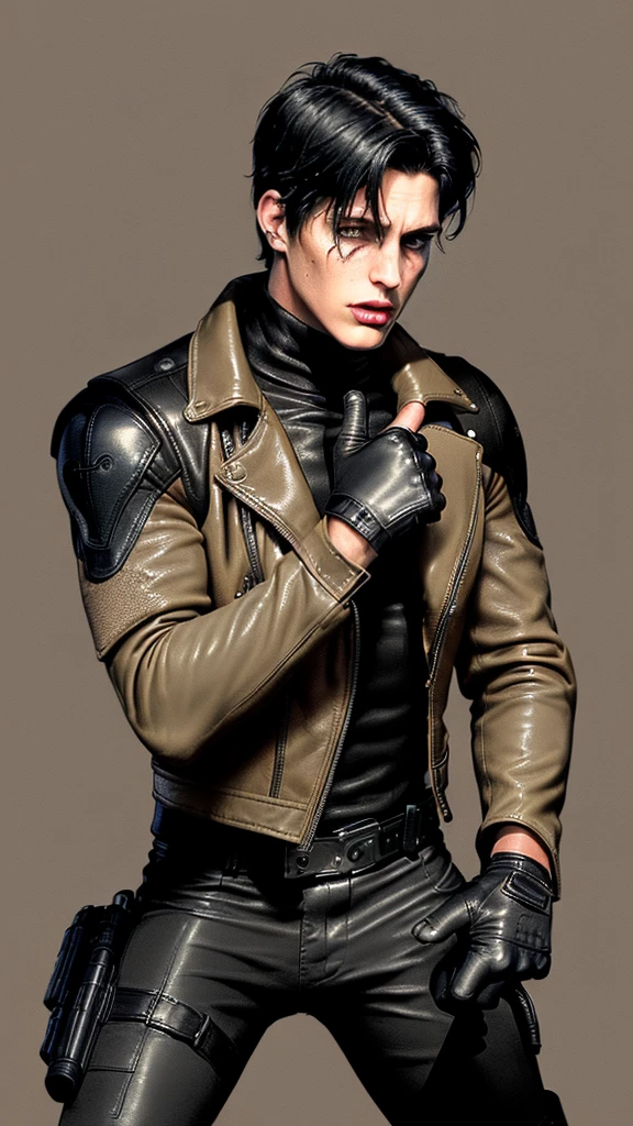 ((American comic hero)),,((jason todd)),((young cute and cool ikemen boy)),((black hair)),((very cool guy)), ((face is no paint and no mask)),,his age is early 20s, thin eyebrows and beady eyes, ((he is wearing light beige color thick leather jacket)),((jacket is single-brest and no hood)),((leather jacket is long sleeve)),((jacket sleeves color is beige too)), ((jacket color is beige only,no other colors)),((inner wear is black color and thick turtleneck tactical vest)),((chest area on a red color batmans illustration)), ((tight dark gray color leather pants)),((put on black color and must full finger tactical combat leather glove on both hands)),,((black color middle length leather boots)),((Japanese style character)),((must put on a leather full finger tactical combat glove)),((cool atmosphere))