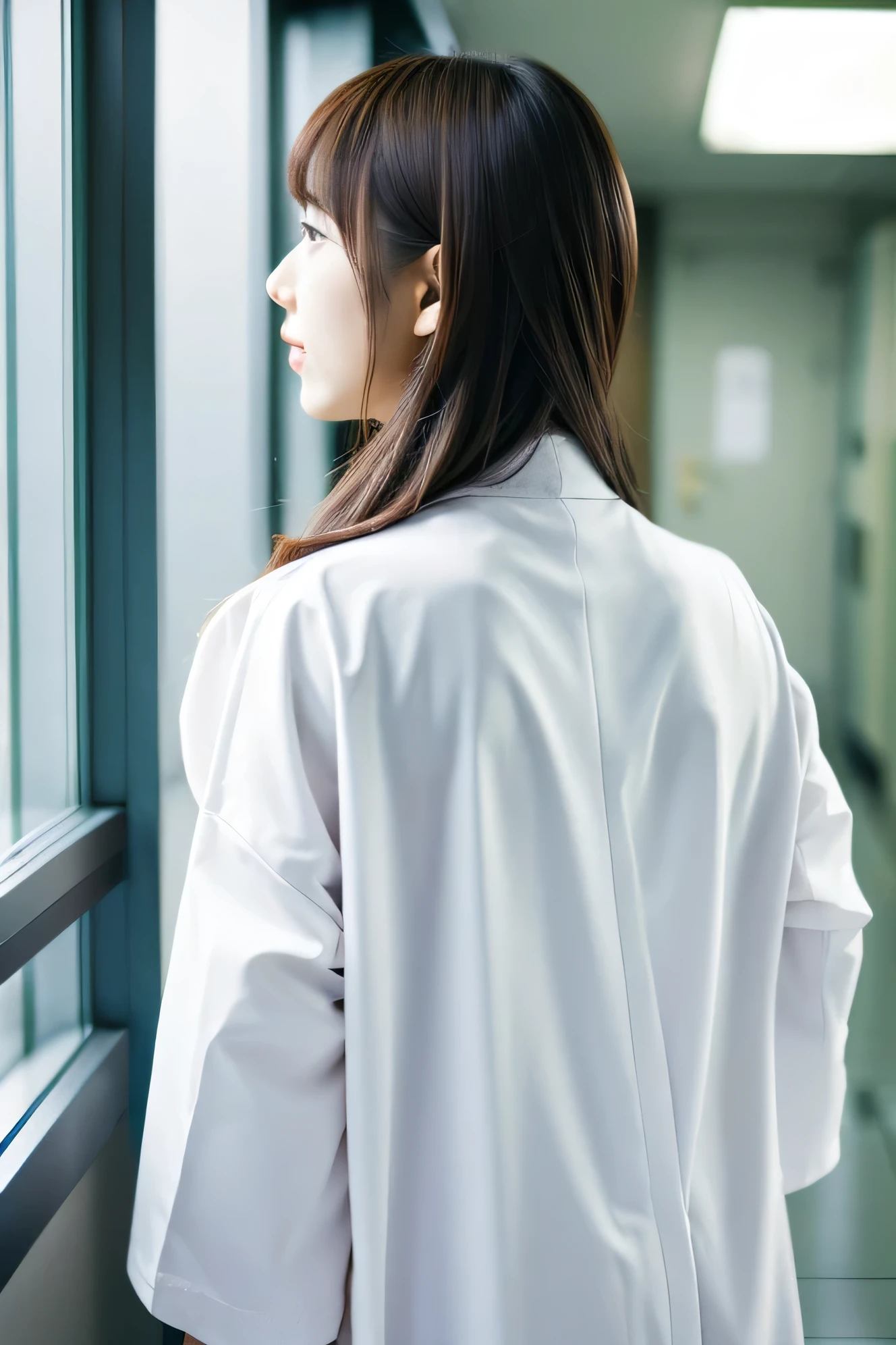 Photorealistic, high resolution, High resolution,Japan Beautiful Nurse, Back view,  White Lab Coat, whole body, hospital, ward