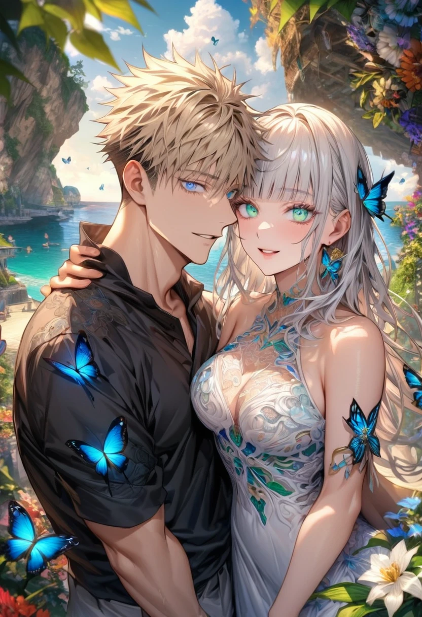 Ultra detailed, HDR, Highres, absurdres, master piece, Aida, ash blonde hair with bangs, expressive green eyes, Gojou Satoru, white hair with bangs, expressive blue eyes, black shirt, white dress with patterns, Jujutsu Kaisen, flowers, butterflies, fantasy, magical, green leaves, summer, a beautiful woman together with a handsome man, couple, love, sensual, island, sexy, smiling