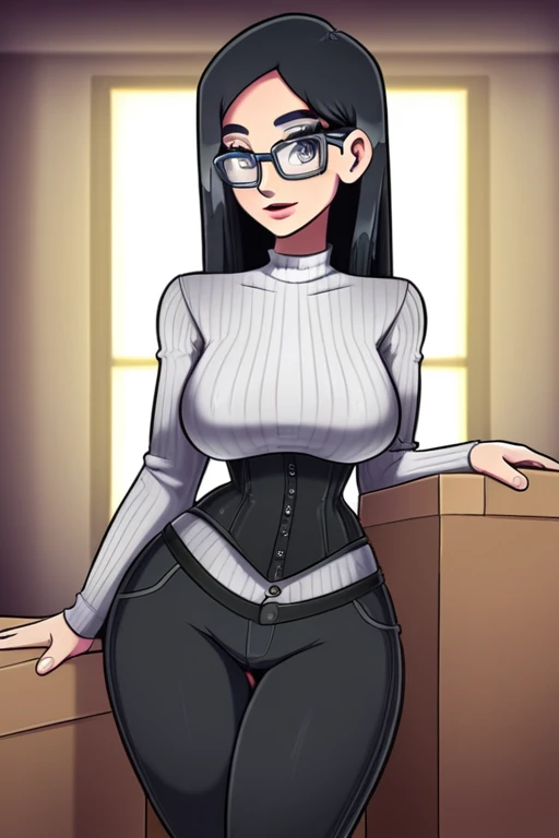 A unique tall woman most beautiful longer straight black hair her gray eye wearing box glasses she wears metallic black corset blouse long sleeve her pants tight huge black thighs and elegant boot