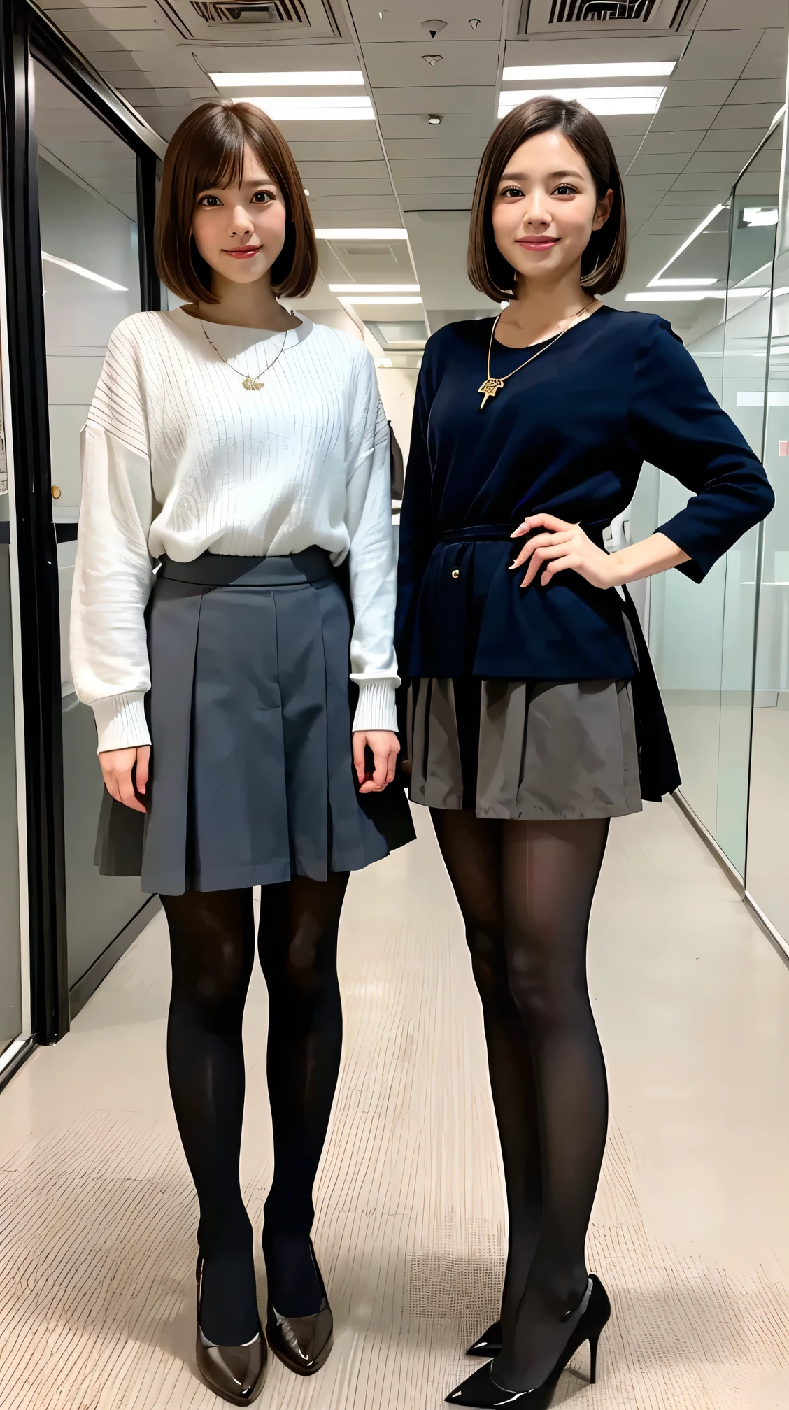 Highest quality, masterpiece, Realistic, whole body photos、 Ultra-high resolution, ),Two women standing side by side、Light brown hair、short hair、office lady suit、Knee-length skirt、tights、pumps、necklace, (office, indoor, Glass Room), (Long legs, whole body:1.2),