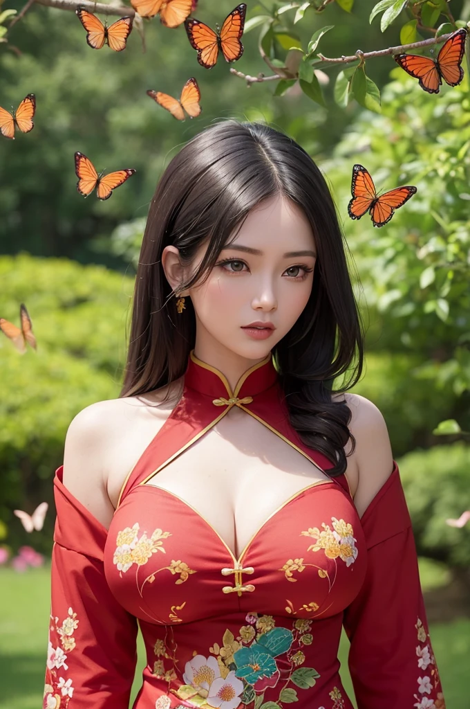 (work of art, High definition, high qualiy, face detailed, detailed body rendering, 1womanl, princesselise, 30 year old mature, glad, alone, Dark skin color, dark hair color, with green eyes, heavy breasthin, disproportionate breasts, Breasts huge, sagging breasts, Colossal tits, nipple erect, Chinese style embroidery, Chinese clothing, vermelha) (garden full of flowers, many butterflies, clear sunny day)