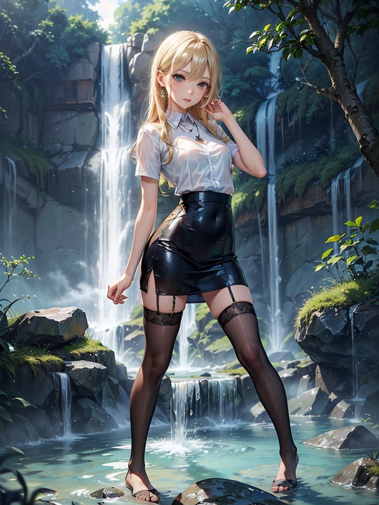 ((Biologically correct limb count)),(( From head to toe,Full-body photo including face)),4K,((Standing position)),masterpiece,((Focus on the face)),((Symmetrical facial features)),Eyes with detailed description,Beautiful woman,Great style,Beautiful arms,Beautiful legs,Beautiful Hands,(Small Ass,Thin thighs,(Black Stockings)),Detailed depiction of the face,Small earrings,necklace,(uniform、Black Long Pencil Skirt,((evening,Kneel、waterfall、Dancing in the water、splashes rise)),((Blonde)),Focus on the face,Dripping Water,The mist creates a fantastic atmosphere,(See-through clothing)