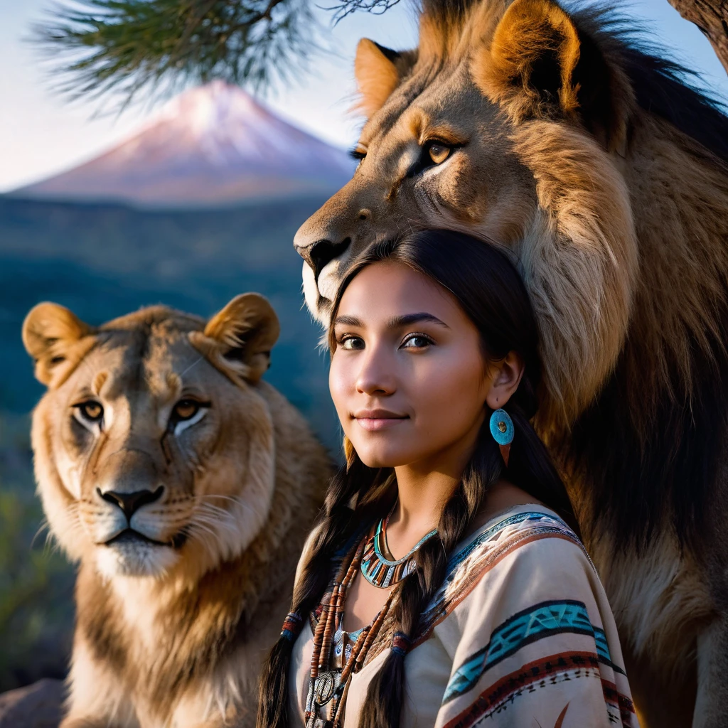 (grainy:0.5), cinematic, beautiful girl 25 year old,native american,fantasy,(solo:1.3), detailed eyes, detailed face, detailed native american clothing , volumetric lighting, dusk, extremely detailed background, standing next to tree and mountain, smiling, half closed eyes, tilted head, from side, sitting next to her lion