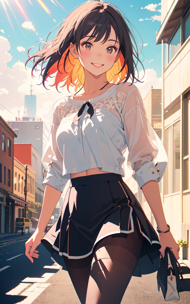 Front facing, facing this way、A more beautiful smile、More cute casual summer outfits、Cute mini skirt、More beautiful thighore beautiful colorful pantyhose、Walking through a more beautiful summer cityscape, Beautiful dark clouds, (Cowboy Shot:1.4), Beautiful and realistic, Beautiful masterpiece, Beautiful and top quality, Beautiful backlight, (Lens flare:1.1), (bloom:1.1), (chromatic aberration:1.1)