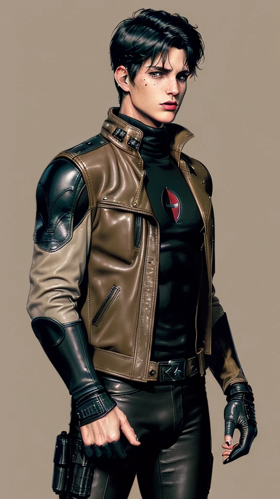 ((American comic hero)),,((jason todd)),((young cute and cool ikemen boy)),((black hair)),((very cool guy)), ((face is no paint and no mask)),,his age is early 20s, thin eyebrows and beady eyes, ((he is wearing light beige color thick leather jacket)),((jacket is single-brest and no hood)),((leather jacket is long sleeve)),((jacket sleeves color is beige too)), ((jacket color is beige only,no other colors)),((inner wear is black color and thick turtleneck tactical vest)),((chest area on a red color batmans illustration)), ((tight dark gray color leather pants)),((put on black color and must full finger tactical combat leather glove on both hands)),,((black color middle length leather boots)),((Japanese style character)),((must put on a leather full finger tactical combat glove)),((cool atmosphere))