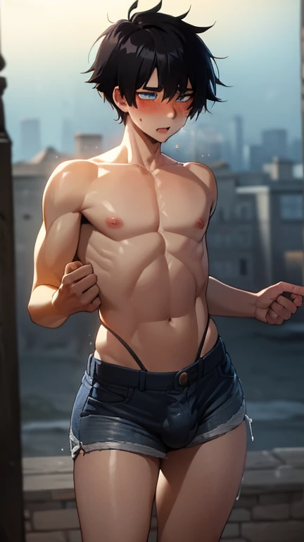 (18-year-old male:1.5),(black short hair),(blue eyes),(white),upper body,shiny skin,masterpiece,HDR,UHD,studio lighting,ultra-fine painting,sharp focus,physically-based rendering,extreme detail description,professional,vivid colors,bokeh,portrait,chiaroscuro lighting,dramatic lighting,moody lighting,cinematic lighting, big bulge in shorts, sexy, shy, blushed, historical setting, castle, royal clothes, royal dessous, skinny male, bulky chest, puffy nipples