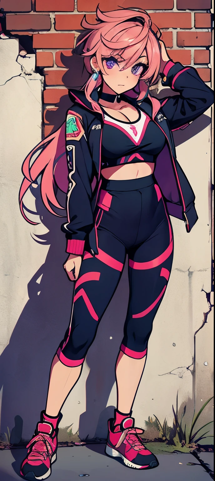 (masterpiece, best quality, 1girl, solo, intricate details, chromatic aberration), realistic, ((medium breath)),long hair, pink hair, red head ornament, pink highlights, hair over one eye,purple eyes, earrings, sharp eyes, choker, neon shirt, open jacket, crop top, (symmetry eyes),(perfect symmetrical body),against wall, brick wall, graffiti, dim lighting, alley ,look at viewer, woman at a gym, cute, front Pose, fitness girl, standing, erect Pose, symetrical, fitness model, skinny, Red sneakers, best qualityer, relaxed arms, hands down, ankle, fullbody view, stand straight with your back upright. Keep your shoulders back and maintain a straight line from your head to your feet, symmetrical frontal view, face aligned,