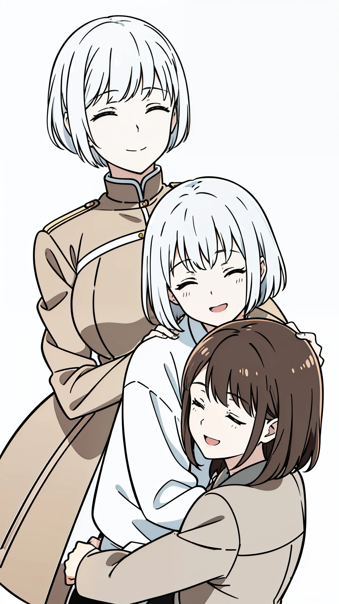 (2girl,20 years old,mature female),white hair,short hair,brown rural outfit,closed eyes,smile,open mouth,(white background,line drawing), HugsAI