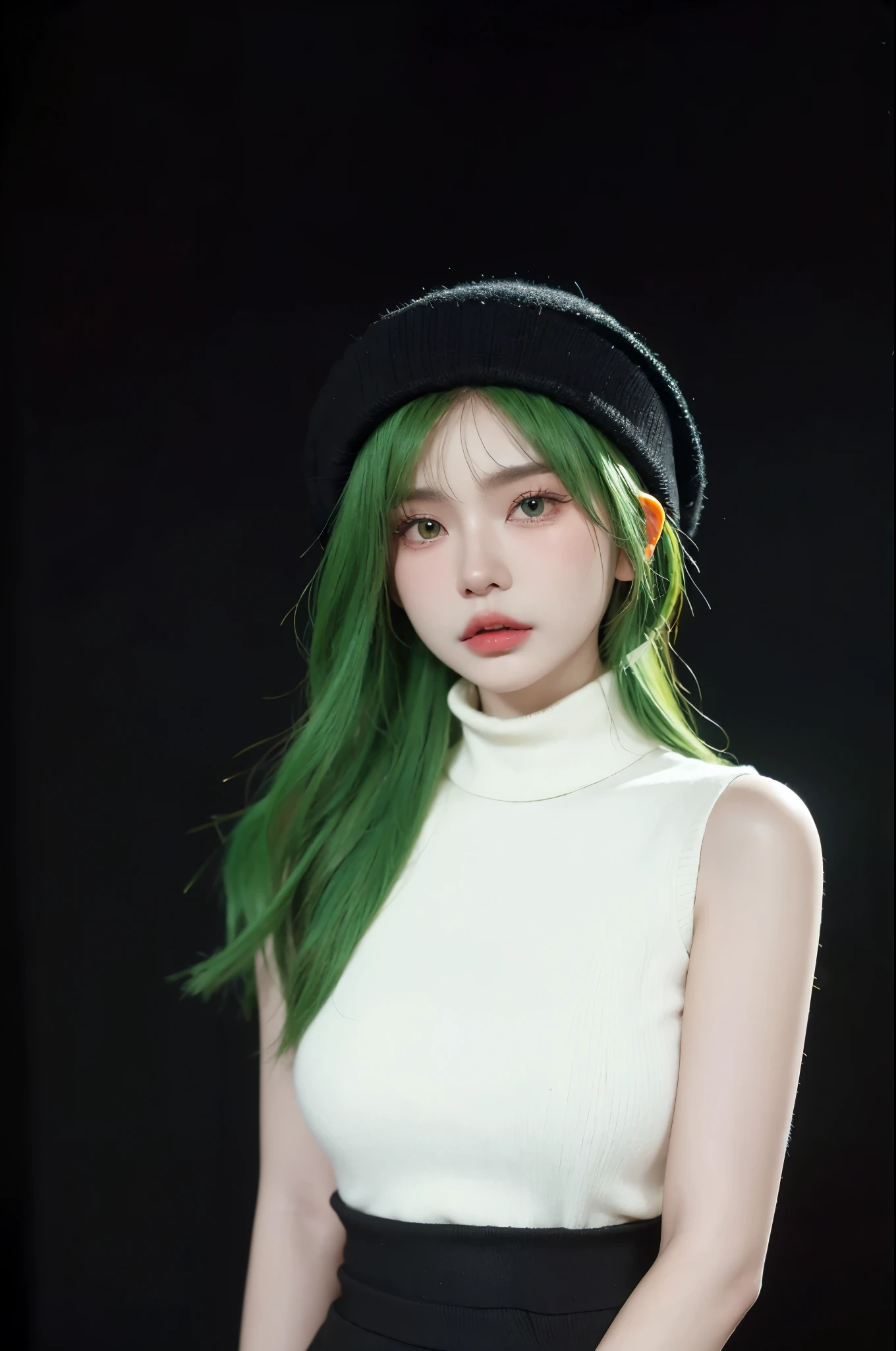 HDR, UHD,8K, face High Quality, nokiapretty, Turtleneck, shot Skirt, (((black background 8k))), (((wool hat))), Faux Bob hair, greenhair,