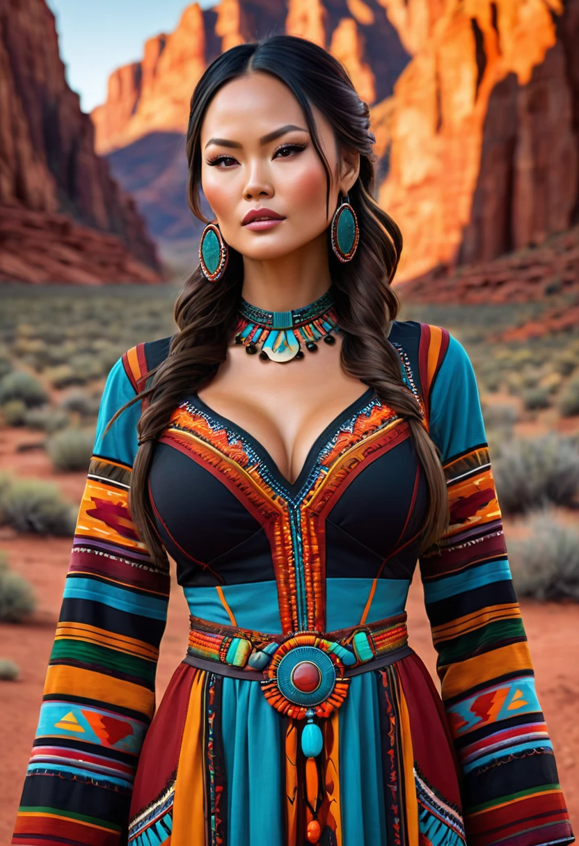 Beautiful boho women stunning merge of Moon Bloodgood. with colorful southwestern style dress. colorful southwestern earing and. jewelry dark-black colored hair that is coarse, wiry, and tightly curled. It often has a rough texture, feels stiff to the touch, and may be prone to frizz and tangling. The curls can be densely packed. The Official Art – An Award-Winning Digital Masterpiece In 4K Ultra HD, Extreme Detail And Intricate Realism. symmetrical face. This Concept Art Brought To Life By The Hands Of Artists Like Wlop & Artgerm In A Stunning 2D Vector Illustration. large, perky, full, vuluptious, symmetrical and spherical breasts. Background is a beautiful panoramic vista of a red rock canyon.