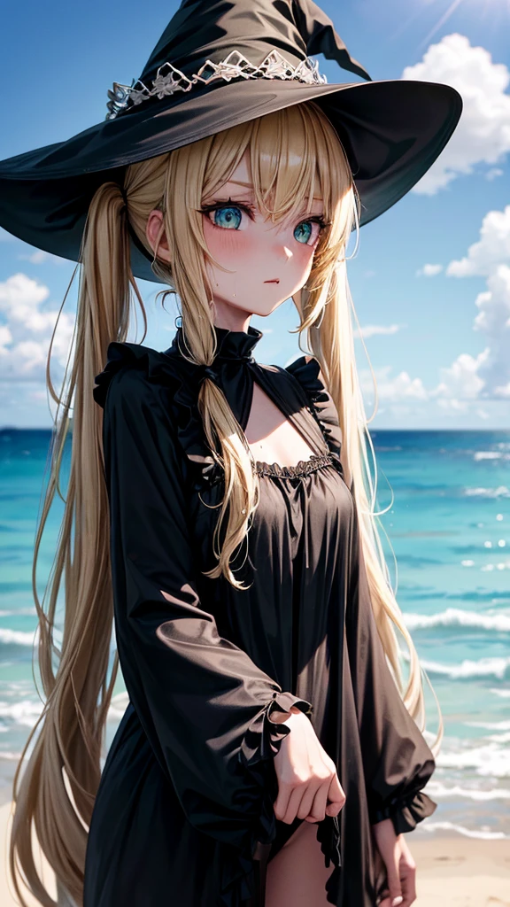 very slender. Long, blonde hair. She has green eyes. pigtails tied wearing a large witch hat. Wearing a black swimsuit, wet clothes, beach background, upper body portrait, from below