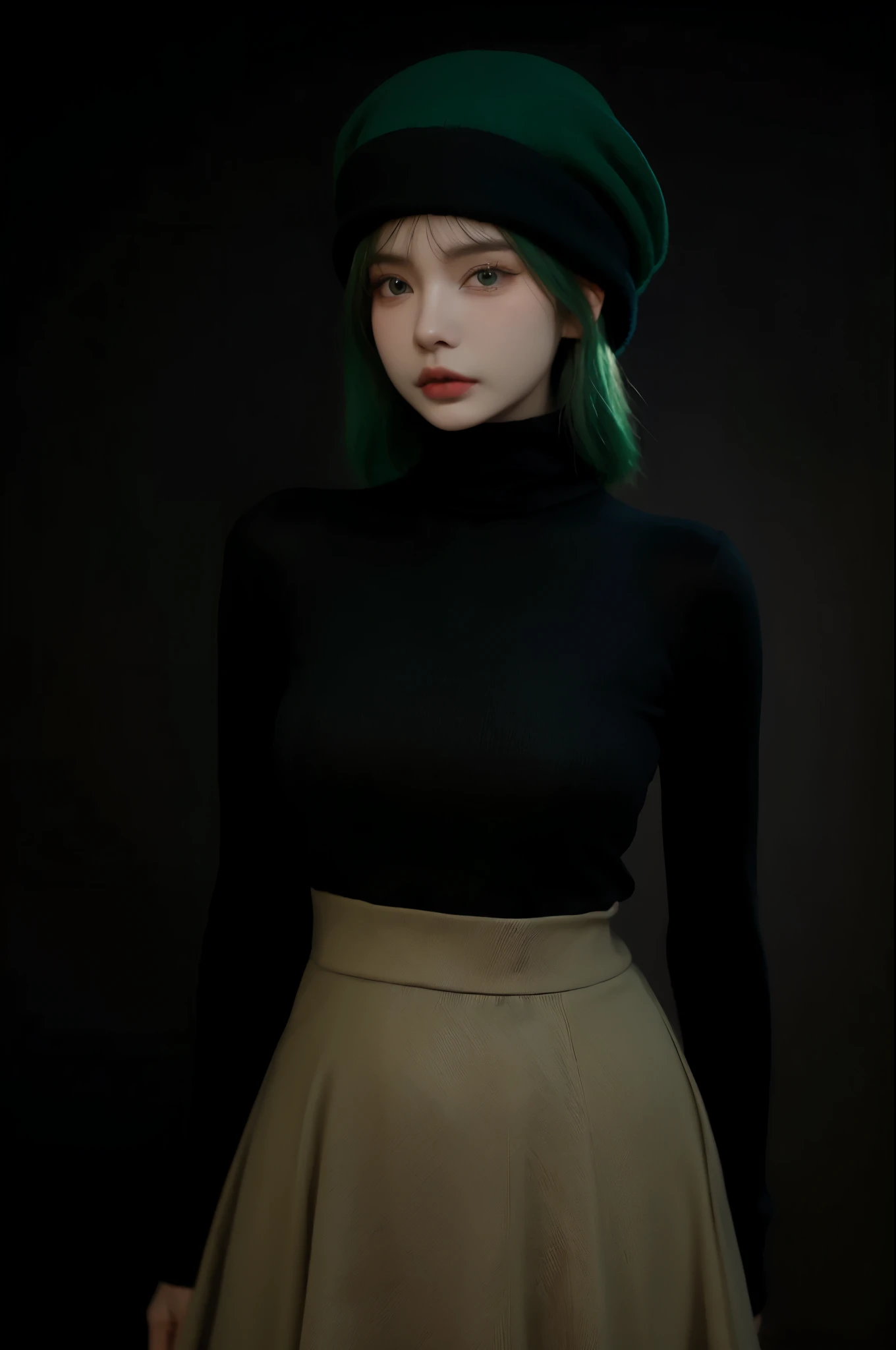 HDR, UHD,8K, face High Quality, nokiapretty, Turtleneck, shot Skirt, (((black background 8k))), (((wool hat))), Faux Bob hair, greenhair,