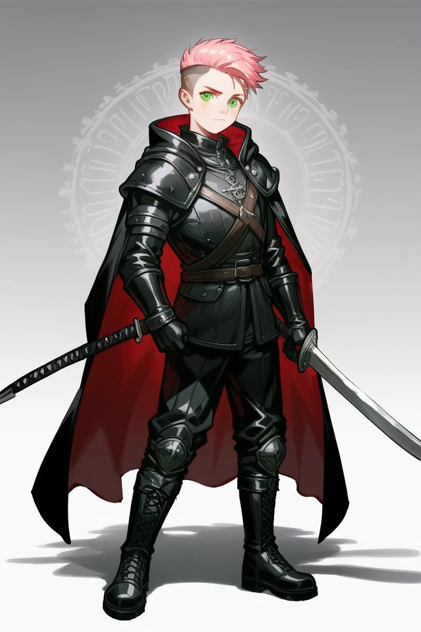 capture a head-to-toe body perspective of a swashbuckler standing in a simplisticly designed black leather armor/outfit and black leather boots, a pink undercut hairstyle, intricately detailed and pale green eyes. He is holding a bastard sword in his right hand, and he has a buckler attached to his left forearm. He is wearing an soft blue duelist's cape. Pathfinder Second Edition art style. an award-winning image art style