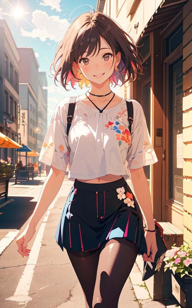 Front facing, facing this way、A more beautiful smile、More cute casual summer outfits、Cute mini skirt、More beautiful thighore beautiful floral pantyhose、Walking through a more beautiful summer cityscape, Beautiful dark clouds, (Cowboy Shot:1.4), Beautiful and realistic, Beautiful masterpiece, Beautiful and top quality, Beautiful backlight, (Lens flare:1.1), (bloom:1.1), (chromatic aberration:1.1)