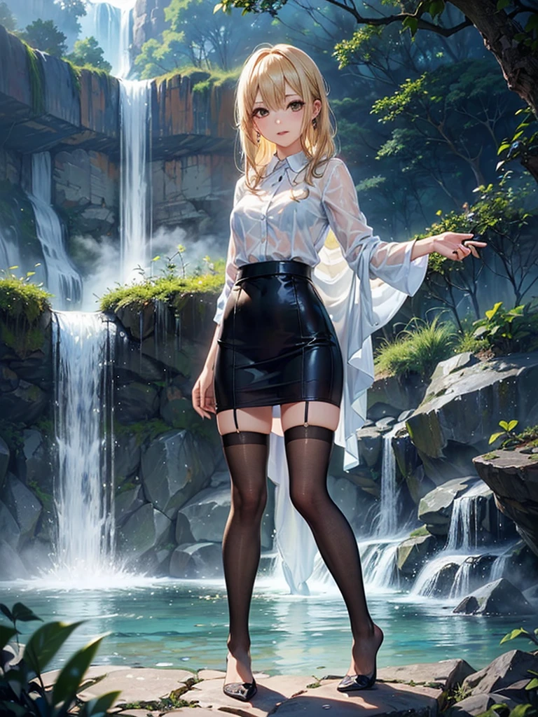 ((Biologically correct limb count)),(( From head to toe,Full-body photo including face)),4K,((Standing position)),masterpiece,((Focus on the face)),((Symmetrical facial features)),Eyes with detailed description,Beautiful woman,Great style,Beautiful arms,Beautiful legs,Beautiful Hands,(Small ,Thin thighs,(Black Stockings)),Detailed depiction of the face,Small earrings,necklace,(uniform、Black Long Pencil Skirt,((evening,Kneel、waterfall、Dancing in the water、splashes rise)),((Blonde)),Focus on the face,Dripping Water,The mist creates a fantastic atmosphere,(See-through clothing)