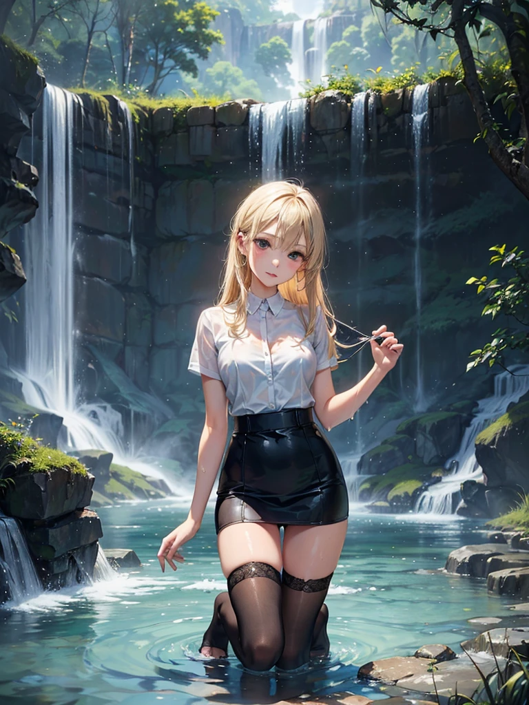 ((Biologically correct limb count)),(( From head to toe,Full-body photo including face)),4K,((Standing position)),masterpiece,((Focus on the face)),((Symmetrical facial features)),Eyes with detailed description,Beautiful woman,Great style,Beautiful arms,Beautiful legs,Beautiful Hands,(Small Ass,Thin thighs,(Black Stockings)),Detailed depiction of the face,Small earrings,necklace,(uniform、Black Long Pencil Skirt,((evening,Kneel、waterfall、Dancing in the water、splashes rise)),((Blonde)),Focus on the face,Dripping Water,The mist creates a fantastic atmosphere,(See-through clothing)