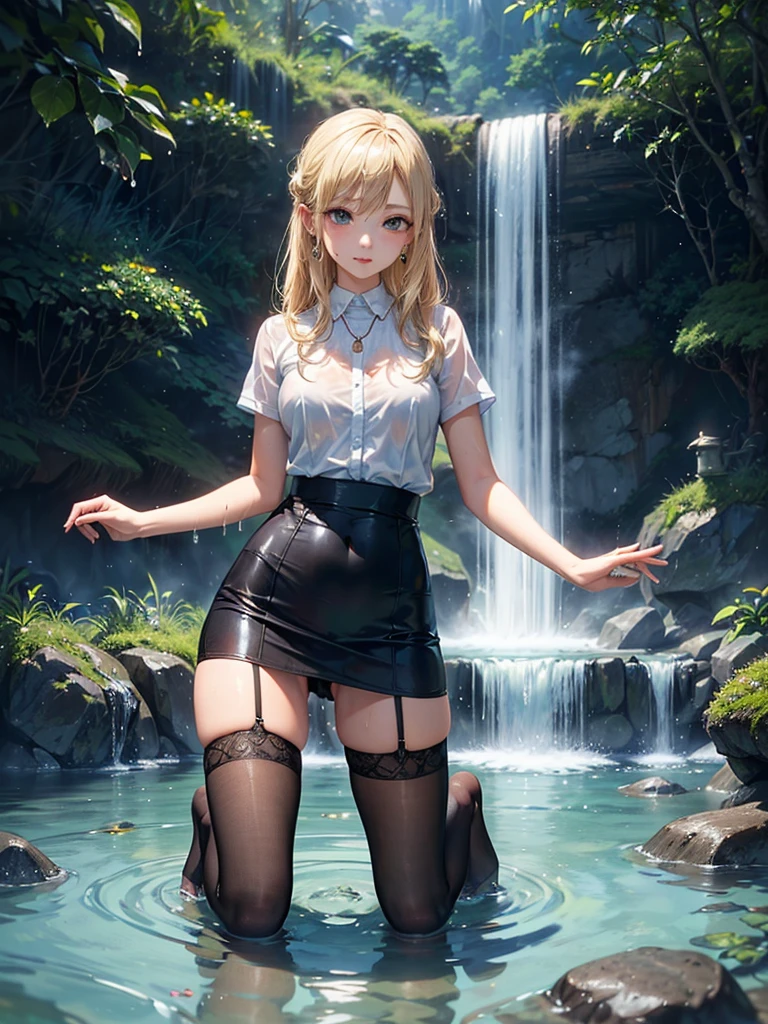 ((Biologically correct limb count)),(( From head to toe,Full-body photo including face)),4K,((Standing position)),masterpiece,((Focus on the face)),((Symmetrical facial features)),Eyes with detailed description,Beautiful woman,Great style,Beautiful arms,Beautiful legs,Beautiful Hands,(Small Ass,Thin thighs,(Black Stockings)),Detailed depiction of the face,Small earrings,necklace,(uniform、Black Long Pencil Skirt,((evening,Kneel、waterfall、Dancing in the water、splashes rise)),((Blonde)),Focus on the face,Dripping Water,The mist creates a fantastic atmosphere,(See-through clothing)