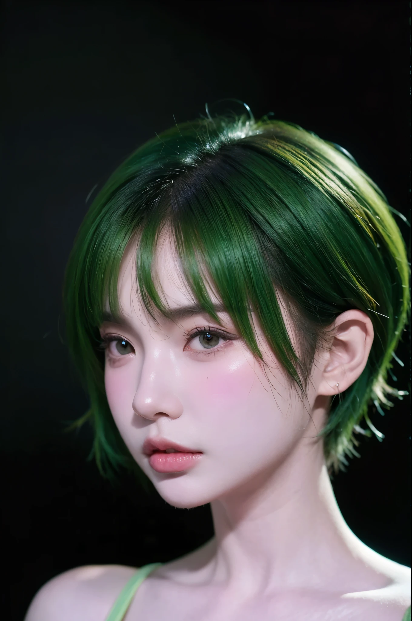 HDR, UHD,8K, face High Quality, nokiapretty, sweather, (((black background 8k))),  short hair, greenhair, from side,