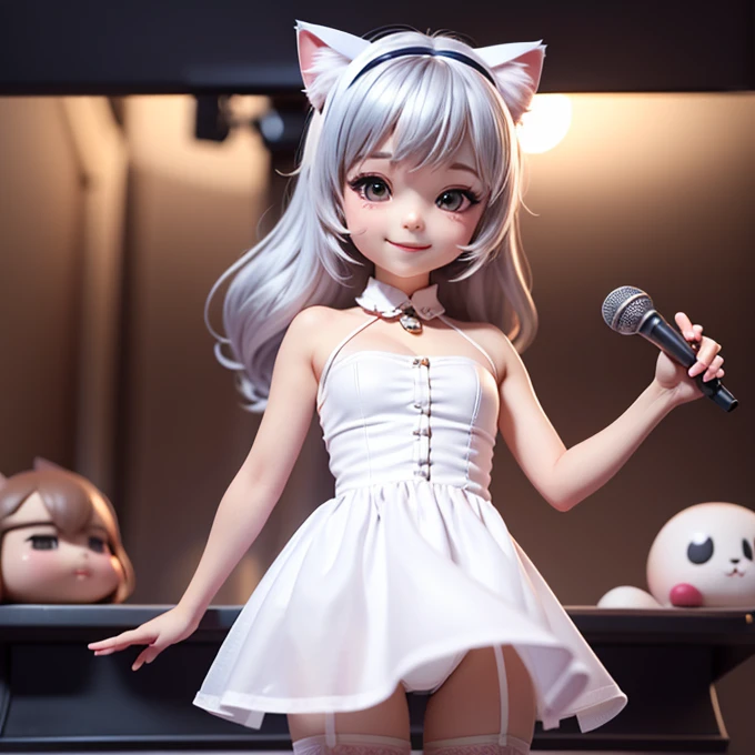 Chibi Character, A silver-haired girl with cat ears wearing a white dress, smile, mini skirt, See-through tights, Open-chested, ((The president is giving a speech))、(Stand microphone)、Performance、front、White House in the background