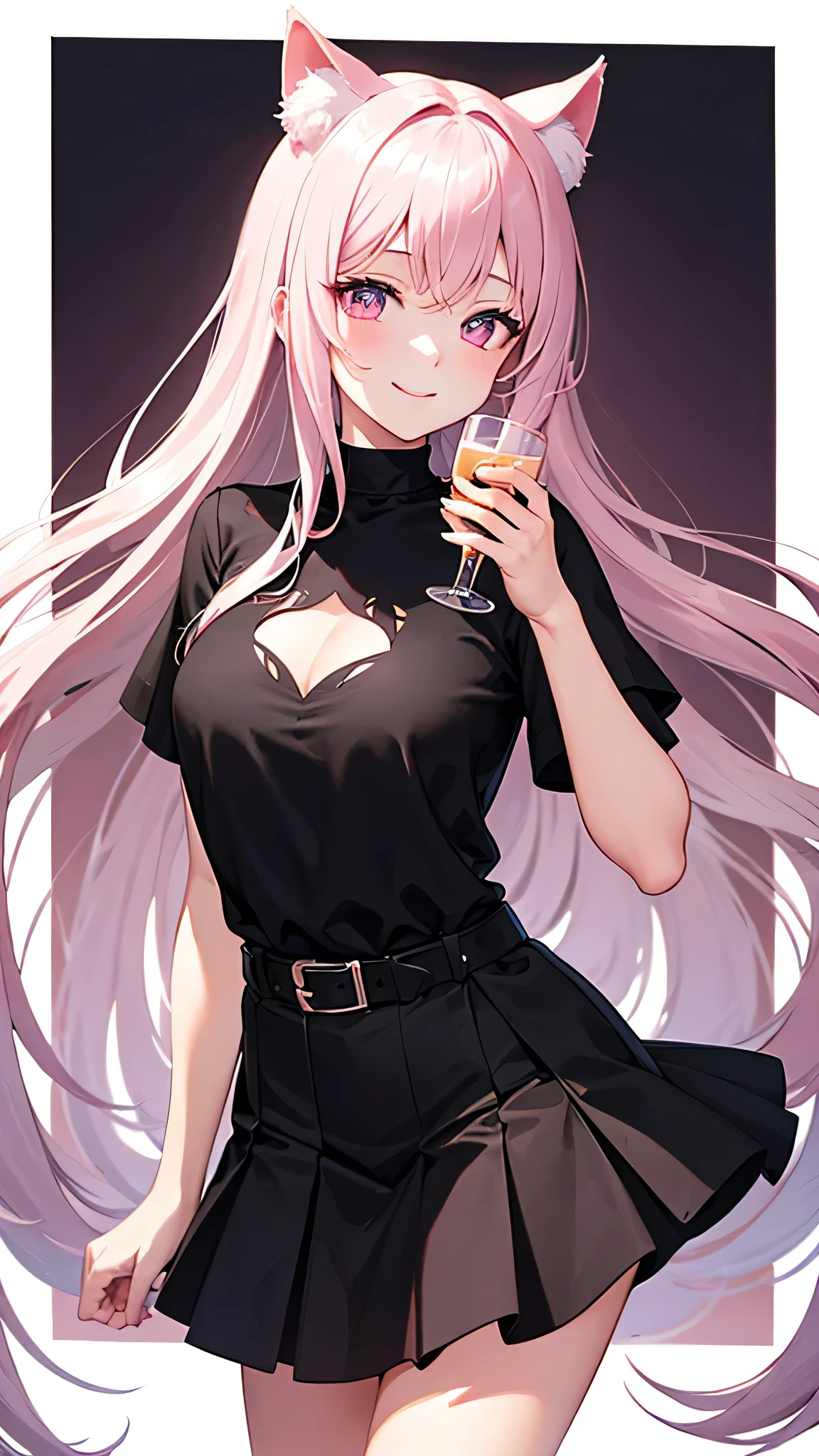 Center of chest,pretty girl,Cat ear,Beautiful silver hair,Pink inside,Beautiful pink eyes,black shirt,black skirt,dark,smile, resting under their chin,drink