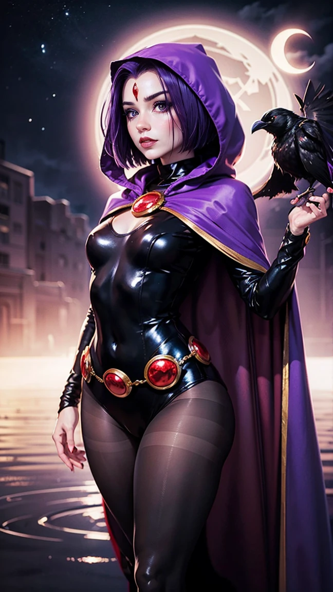 illustration of Raven from DC Comics, 1 girl, Raven, turtleneck, black leotard, black cape, hood, purple hair, jeEmel forehead, purple eyes, short hair, belt, tight skin, standing, cleavage, toned, pose, night, moonlight, ((posing)), motion lines, torso, torso, portrait, b&em. contour, in anime tarot card art style, elegant, glamorous, reflection, shine, shading, 40 dinier pantyhose, small
