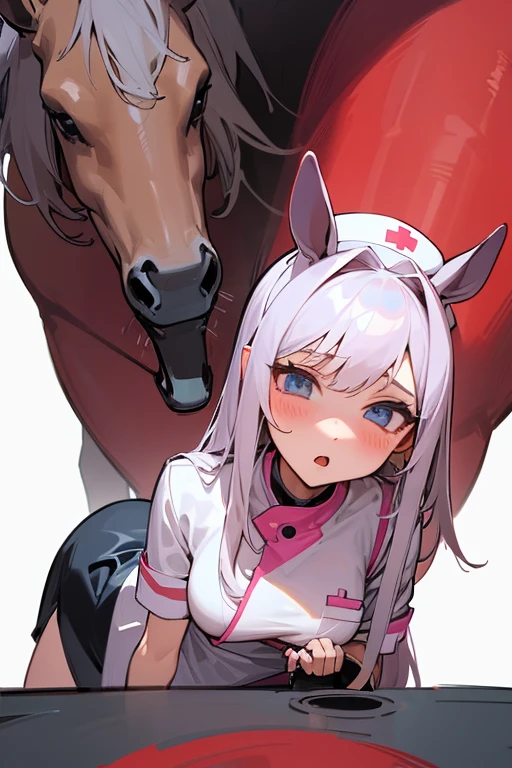 (masterpiece) , 1 girl, 1 horse, horsefuck, hentai, Girl dressed as a sex nurse,horse penis fills girl's belly with sperm , horse rapes girl