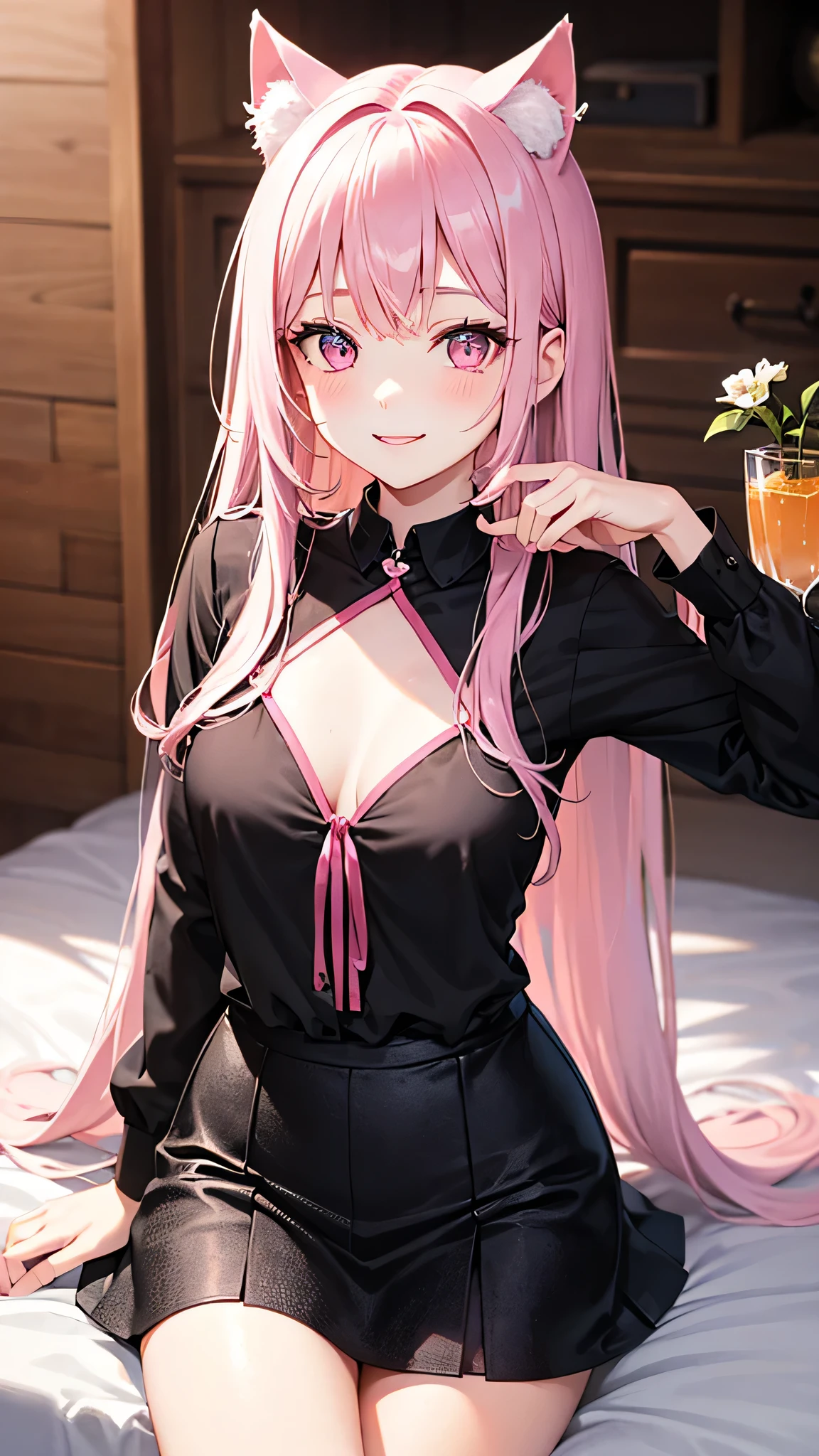 Center of chest,pretty girl,Cat ear,Beautiful silver hair,Pink inside,Beautiful pink eyes,black shirt,black skirt,dark,smile, resting under their chin,drink