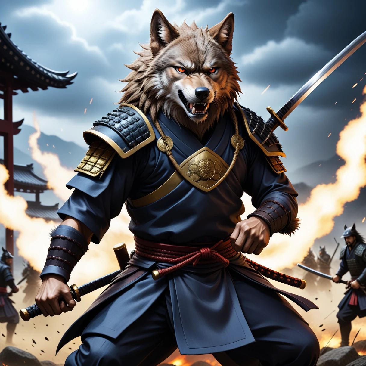 anime illustrations anime illustrations ((dark anime art:1.1)), An angry samurai wolf is storming the battlefield  . animated style, Clave visual, Vibrant, studio anime,  Very detailed . animated style, Clave visual, Vibrant, studio anime,  Very detailed