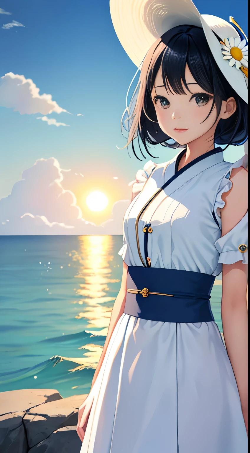 One girl，Living things，Ocean ビーチ，Black Hair，Blue day blurred，Blurred Background，，inith broinn eye，broinn  hair，cloud，多云的Daisy空，Daisy，Depth of written boundary，Clothes，hat，hat丝带，拿着Living things，horizon，Lips parted，long inhitr hair，Looking at the observer，Moderate，Ocean，Exterior，分开的Lips parted，Daisy空，No sleeve，solo，Strain Hat Hat，夏Daisy，Sun hat，water，in