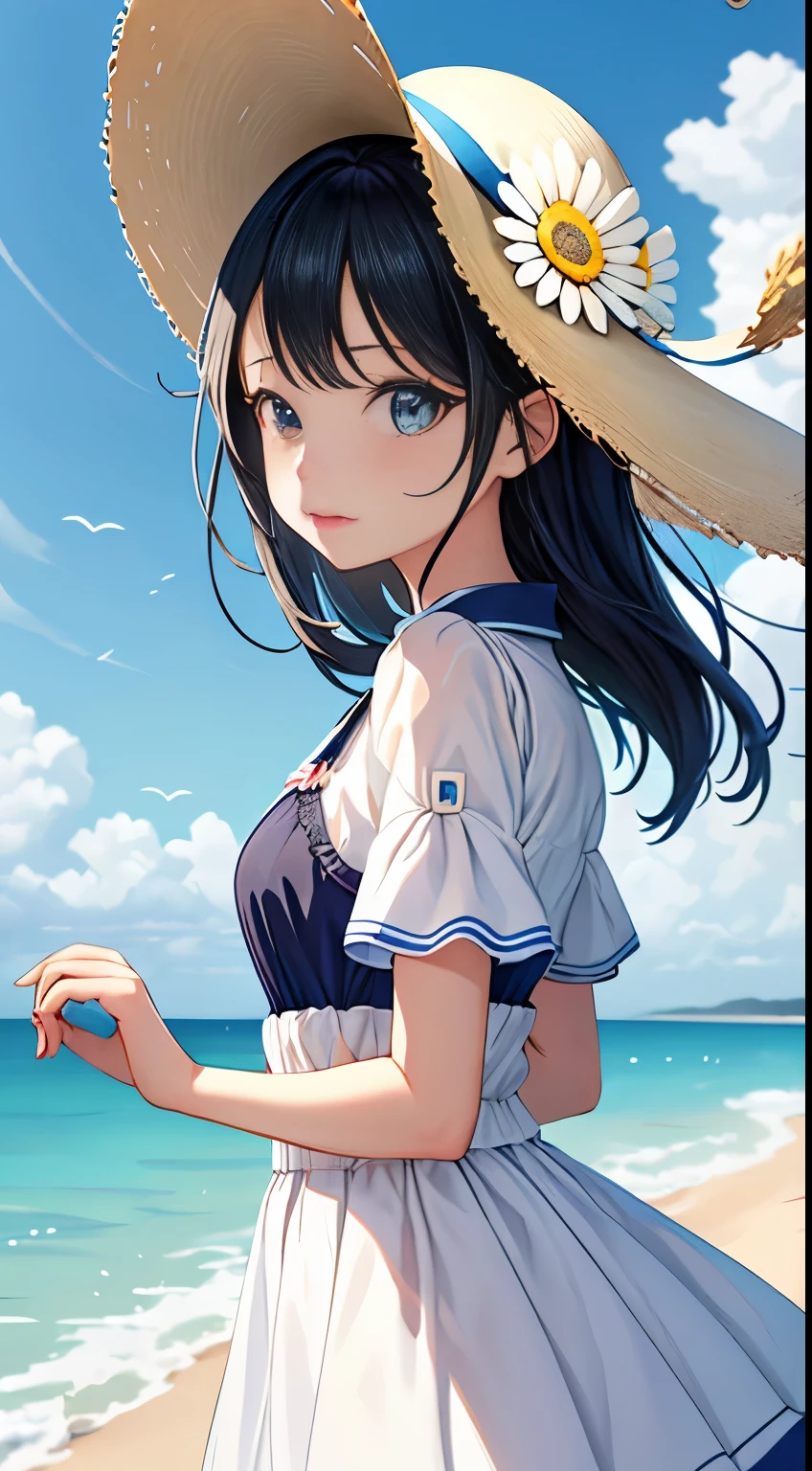 One girl,Living things,Ocean ビーチ,Black Hair,Blue day blurred,Blurred Background,,inith broinn eye,broinn hair,cloud,多云的Daisy空,Daisy,Depth of written boundary,Clothes,hat,hat丝带,拿着Living things,horizon,Lips parted,long inhitr hair,Looking at the observer,Moderate,Ocean,Exterior,分开的Lips parted,Daisy空,No sleeve,solo,Strain Hat Hat,夏Daisy,Sun hat,water,in