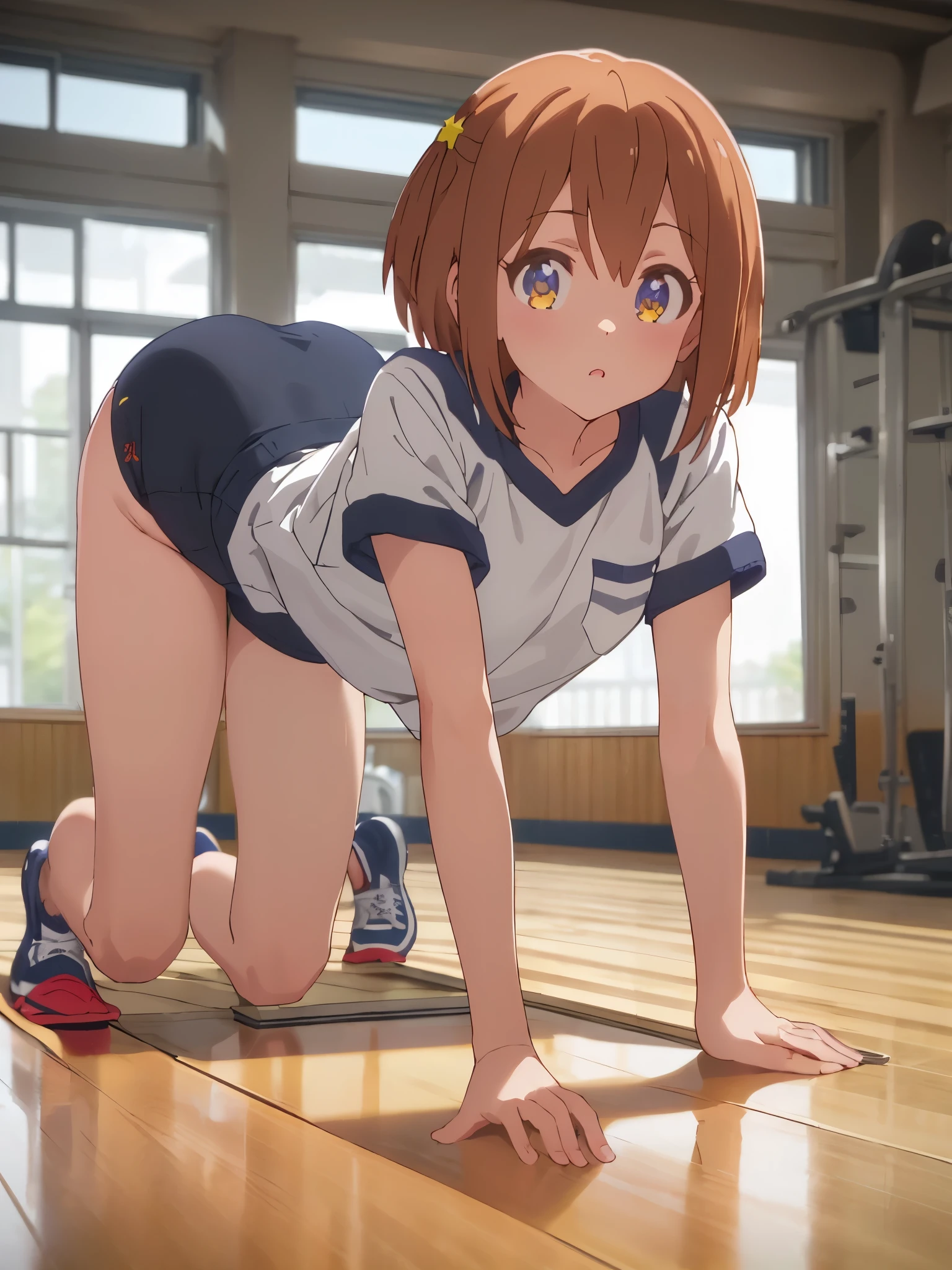 masterpiece, highest quality, short_hair, small_chest,(((black buruma, School, gym shirt, white t-shirt, Gym suit, Photo of girl in wooden floor School gym room))),Bloomers are bikini type ,crawl on all fours,crawl,looking at the viewer 