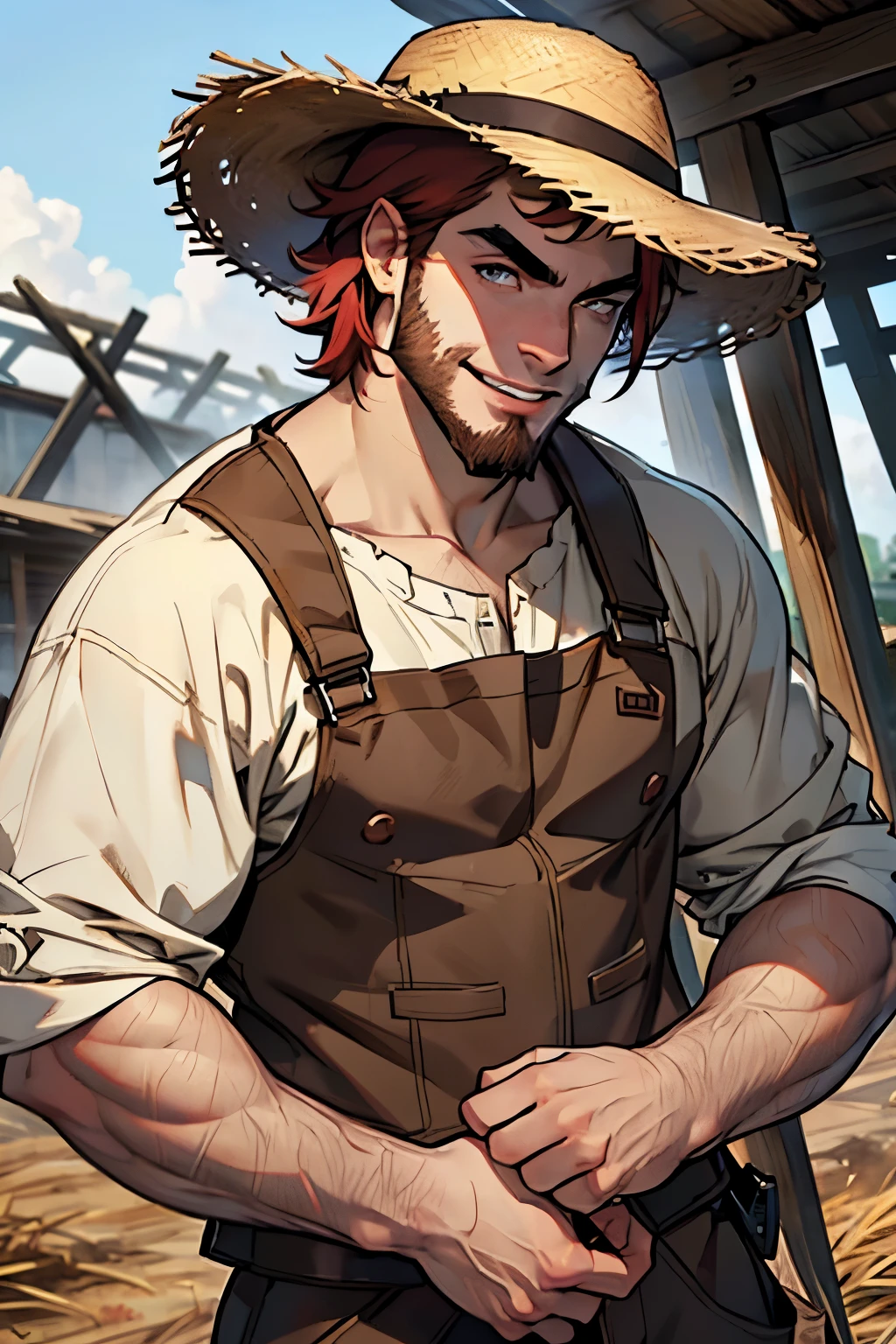 Male, young man, pale skin, short red hair, thin beard, thick eyebrows, brown eyes, ((charismatic smile)), friendly expression, farmer's clothes, dirty clothes, straw hat, ((muscular and burly build))
