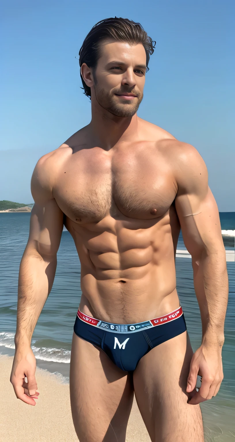 Mature white-skinned man wearing black-red underwear,muscle,nude,generate,Practical,Sunlight,handsome face,guy,Bodybuilder,Full body image,HD,Triangle,Handsome look,Raised,Ocean,CK underwear,beautiful blue eyes