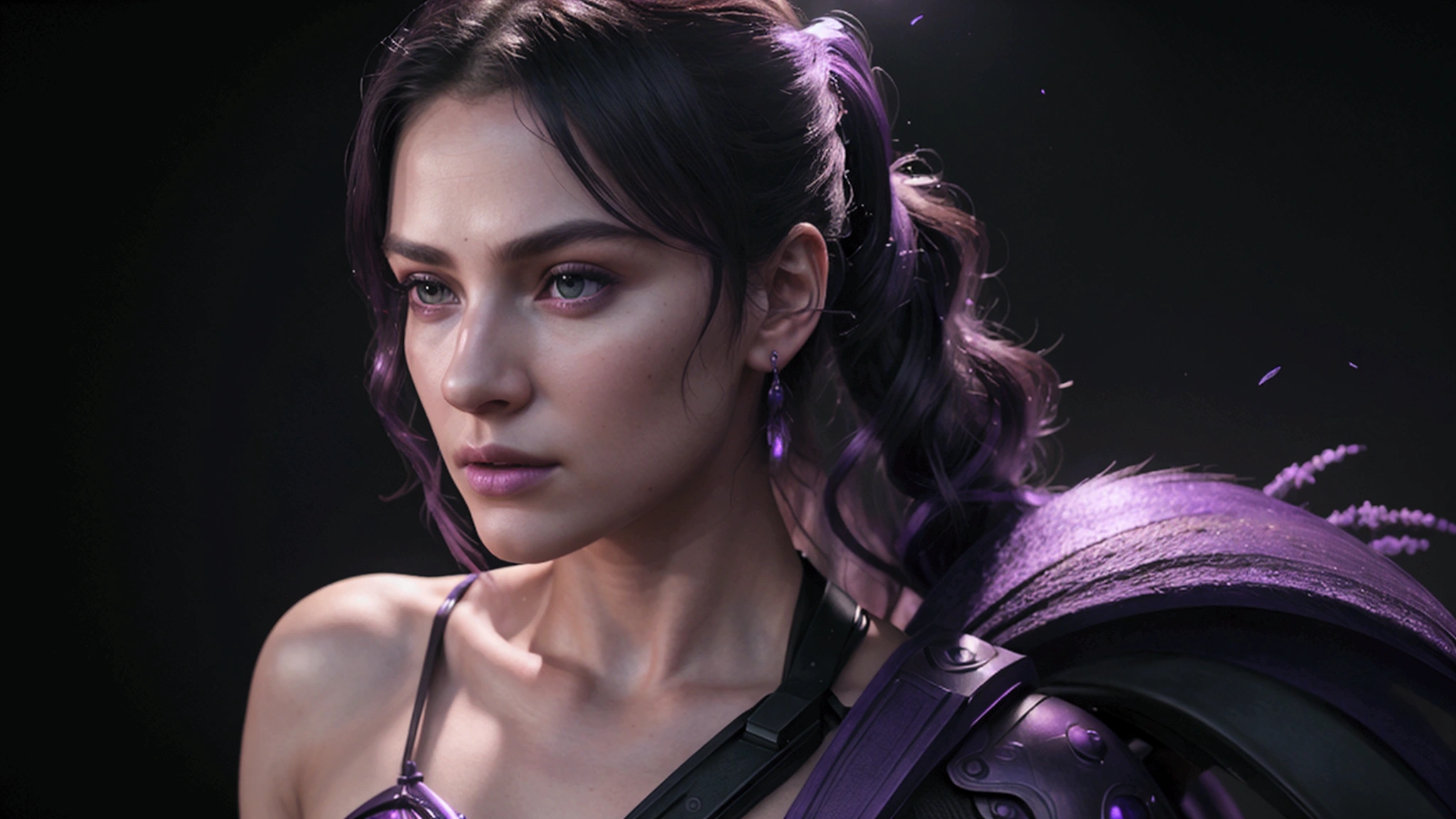 Work of art, cinematic, ultra realistic, 8k, 16k, super detailed, perfect lighting, realistic violet particles, badass