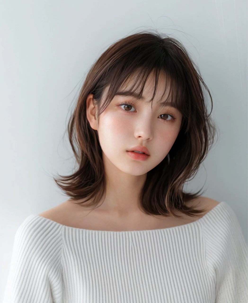 Japanese girl who looks like an 18-year-old Korean idol The background is a white wall illuminated by natural light. The hairstyle is a medium length retro wave style. Hair color: natural brown with highlights