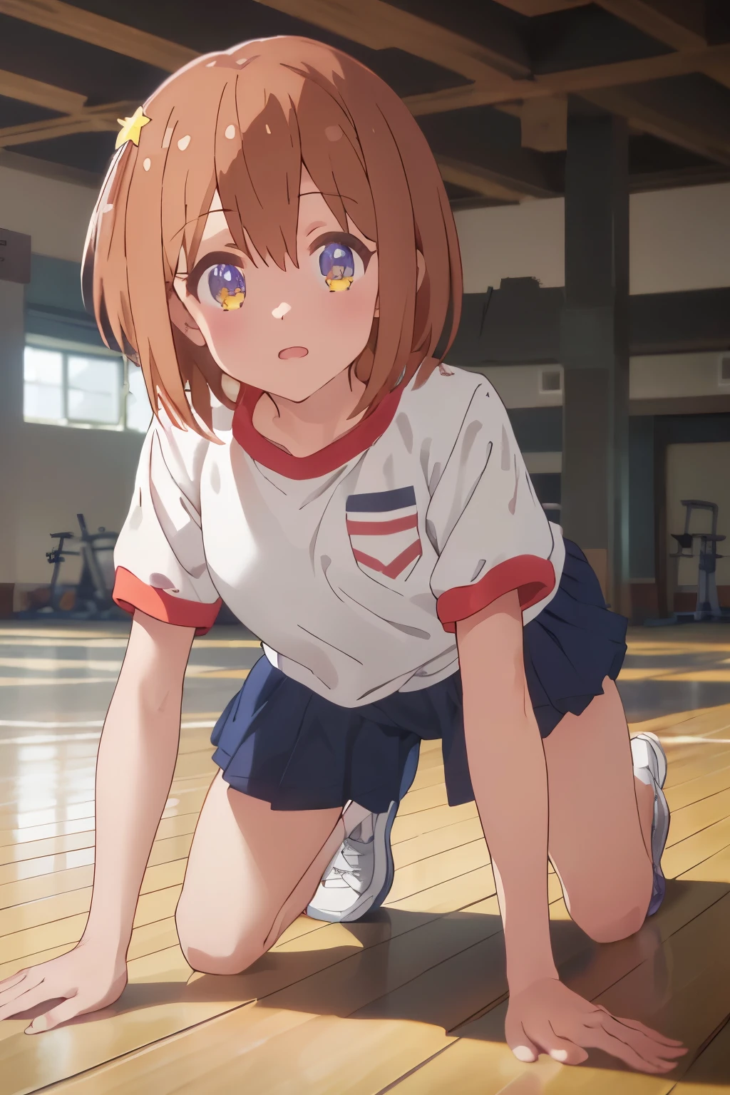 masterpiece, highest quality, short_hair, small_chest,(((black buruma, School, gym shirt, white t-shirt, Gym suit, Photo of girl in wooden floor School gym room))),Bloomers are bikini type ,crawl on all fours,crawl,looking at the viewer 