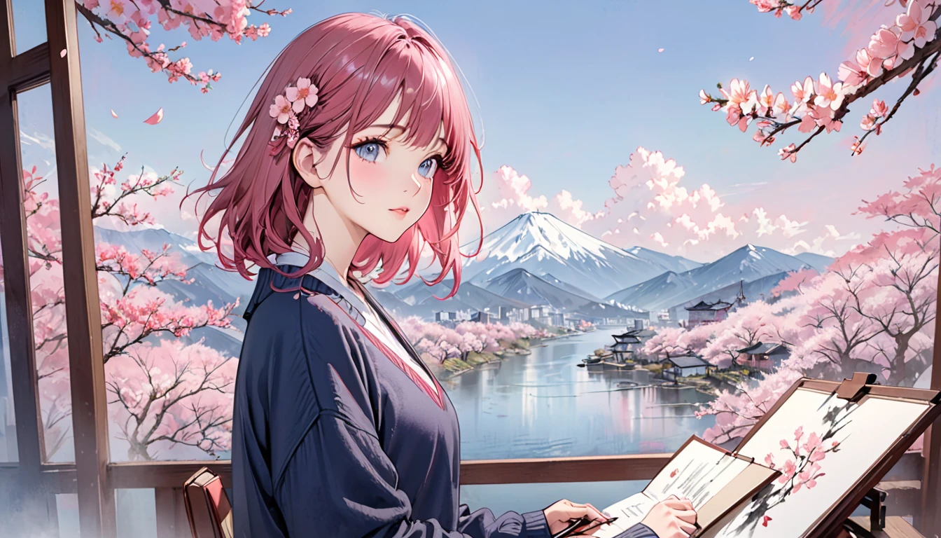 illustrator, anime , realistic ,sketch , 1 girl, sweater,order, pink and blue sky background, hair,Textured Trim, (masterpiece,highest quality) Good luck,Half of the screen is cherry blossoms,deep pink cherry blossoms,ink painting,Background center