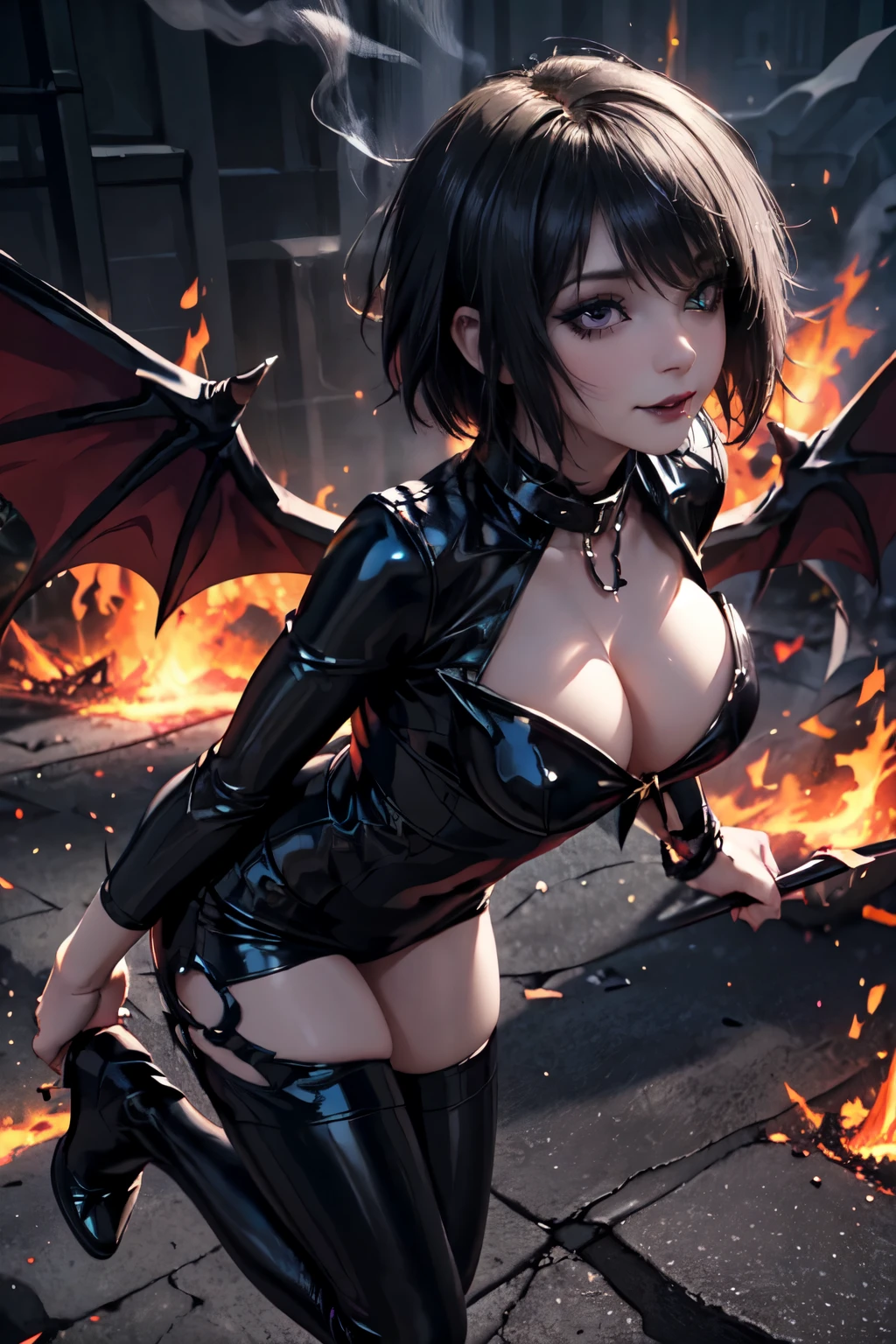 emo_hairstyle, black lipstick, smocky eyes, collar, eyeliner, eye shadow, realistic lighting, short hair, evil smile, devil, fire, shiny skin, black clothes, leather, tight clothes, body tight, demon, bat wings, devilish, thighhighs. Flying, big breast. Bodysuit. Whip, hell. Stepping on someone else.