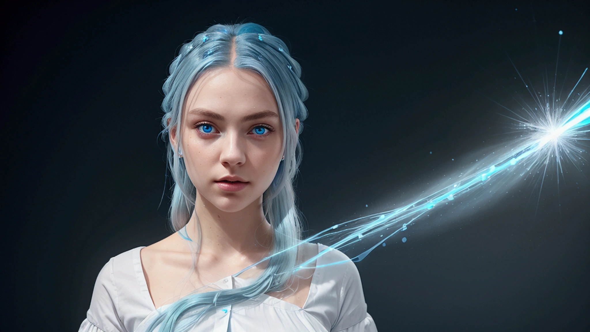 ((work of art)), (best qualityer), (detailded), (1 girl), (Internal data flow) light blue gradient hair, glowing light blue eyes, slickedback hair, wearing a modern white shirt and black dress, covered in data particles, locked around the neck
