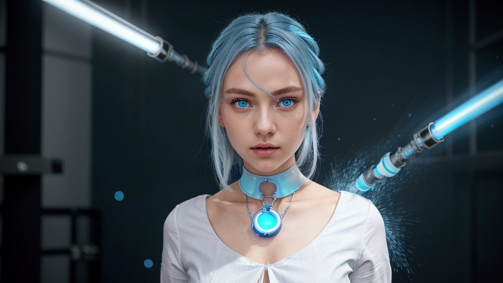 ((work of art)), (best qualityer), (detailded), (1 girl), (Internal data flow) light blue gradient hair, glowing light blue eyes, slickedback hair, wearing a modern white shirt and black dress, covered in data particles, locked around the neck