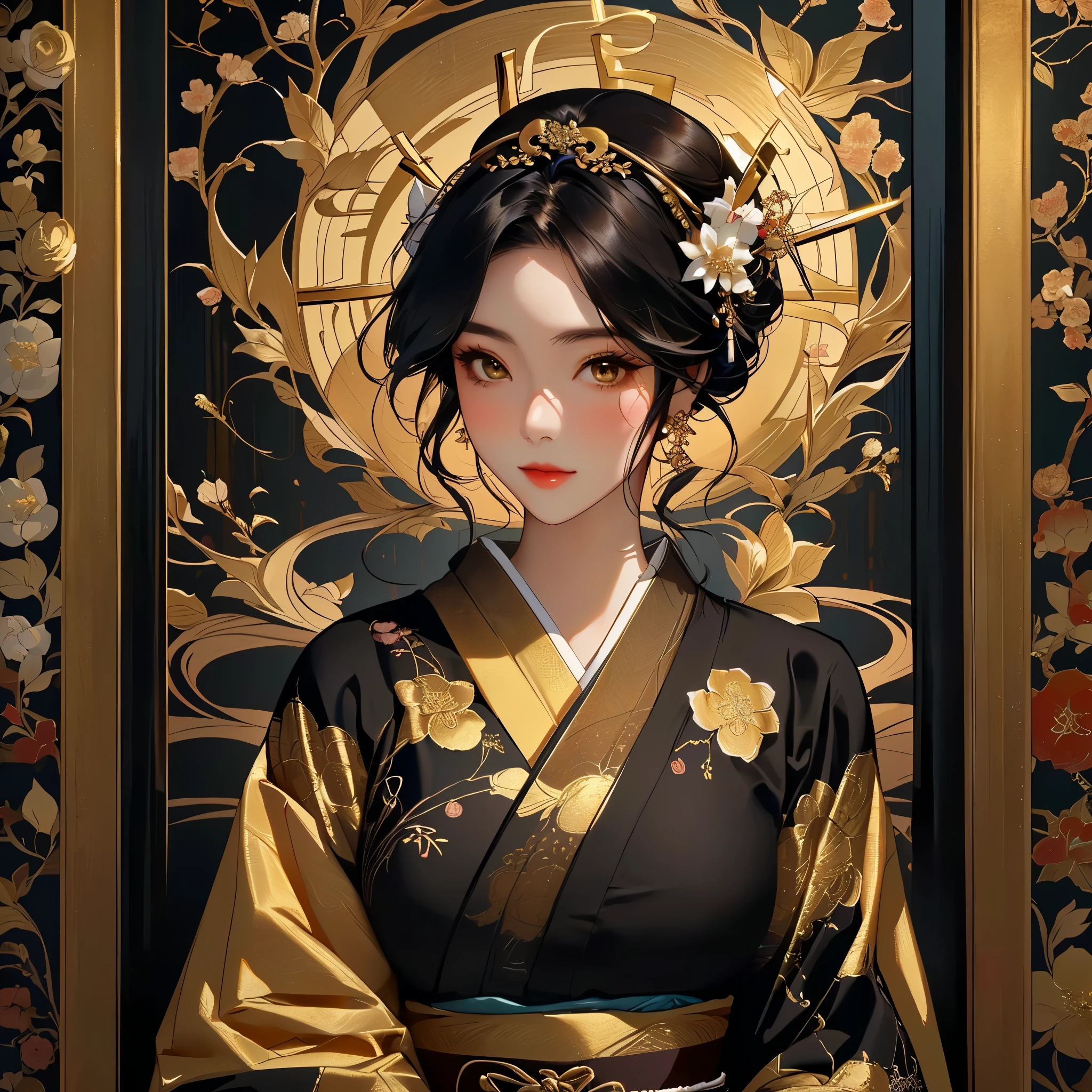 a woman in a golden kimono dress with a gold halo, japanese goddess, chie yoshii, elegant japanese woman, portrait of a beautiful geisha, intricate geisha kimono, japanese art style