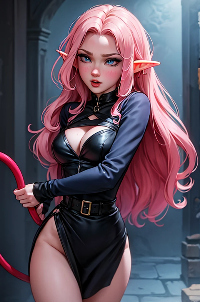 Woman, long wavy hair, pink hair, blue eyes, elf, sexy, sensual, black clothing, whip, BDSM, sadistic, dark colors