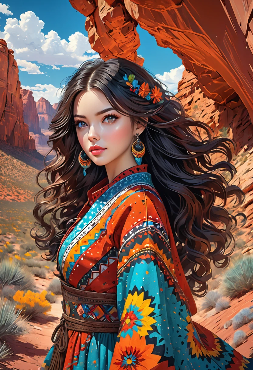 Beautiful boho women stunning merge of Masiela Lusha with colorful southwestern style dress. colorful southwestern earing and. jewelry dark-black colored hair that is coarse, wiry, and tightly curled. It often has a rough texture, feels stiff to the touch, and may be prone to frizz and tangling. The curls can be densely packed. The Official Art – An Award-Winning Digital Masterpiece In 4K Ultra HD, Extreme Detail And Intricate Realism. symmetrical face. This Concept Art Brought To Life By The Hands Of Artists Like Wlop & Artgerm In A Stunning 2D Vector Illustration. large, perky, full, vuluptious, symmetrical and spherical breasts. Background is a beautiful panoramic vista of a red rock canyon.