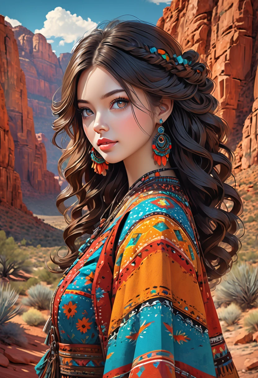 Beautiful boho women stunning merge of Masiela Lusha with colorful southwestern style dress. colorful southwestern earing and. jewelry dark-black colored hair that is coarse, wiry, and tightly curled. It often has a rough texture, feels stiff to the touch, and may be prone to frizz and tangling. The curls can be densely packed. The Official Art – An Award-Winning Digital Masterpiece In 4K Ultra HD, Extreme Detail And Intricate Realism. symmetrical face. This Concept Art Brought To Life By The Hands Of Artists Like Wlop & Artgerm In A Stunning 2D Vector Illustration. large, perky, full, vuluptious, symmetrical and spherical breasts. Background is a beautiful panoramic vista of a red rock canyon.
