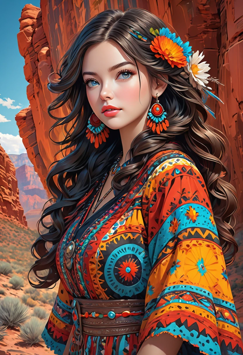 Beautiful boho women stunning merge of Masiela Lusha with colorful southwestern style dress. colorful southwestern earing and. jewelry dark-black colored hair that is coarse, wiry, and tightly curled. It often has a rough texture, feels stiff to the touch, and may be prone to frizz and tangling. The curls can be densely packed. The Official Art – An Award-Winning Digital Masterpiece In 4K Ultra HD, Extreme Detail And Intricate Realism. symmetrical face. This Concept Art Brought To Life By The Hands Of Artists Like Wlop & Artgerm In A Stunning 2D Vector Illustration. large, perky, full, vuluptious, symmetrical and spherical breasts. Background is a beautiful panoramic vista of a red rock canyon.
