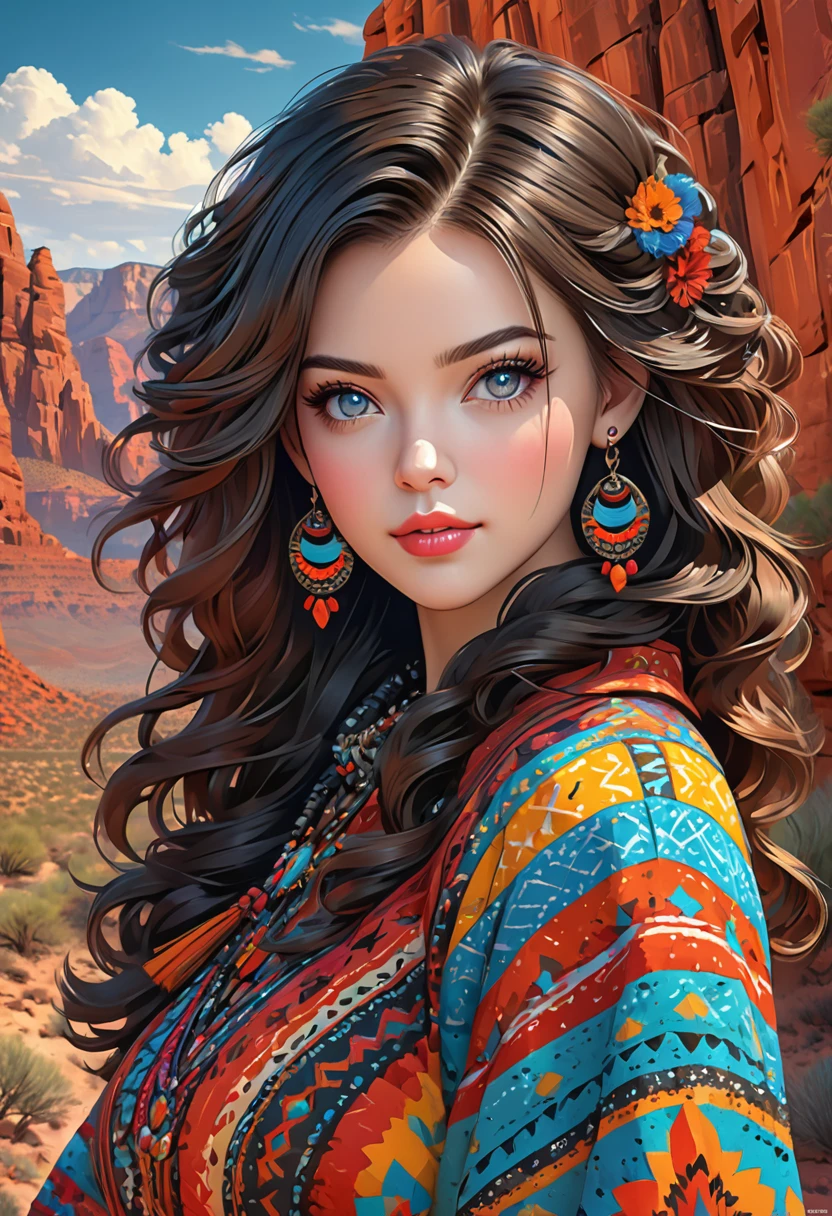 Beautiful boho women stunning merge of Masiela Lusha with colorful southwestern style dress. colorful southwestern earing and. jewelry dark-black colored hair that is coarse, wiry, and tightly curled. It often has a rough texture, feels stiff to the touch, and may be prone to frizz and tangling. The curls can be densely packed. The Official Art – An Award-Winning Digital Masterpiece In 4K Ultra HD, Extreme Detail And Intricate Realism. symmetrical face. This Concept Art Brought To Life By The Hands Of Artists Like Wlop & Artgerm In A Stunning 2D Vector Illustration. large, perky, full, vuluptious, symmetrical and spherical breasts. Background is a beautiful panoramic vista of a red rock canyon.
