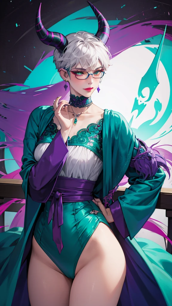 8k, masterpiece, best quality, highly detailed, 1 girl, tiefling, warlock, pixie cut, multicolored hair, very short straight hair green highlight hair on white hair, strippled hair, wearing glasses, round glasses, sexy, earrings, navel piercing, red eyeshadow, long eyelashes, blushed cheek, red lips, necklace, rings, collarbone, mole on face, glamorous, teal clothing, purple clothes, smirk, close up view, rings, looking at viewer, demon horns, solo, forest, blue pale moon, standing, royal dress, wearing crown, devil books