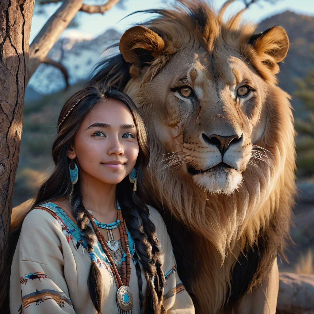 (grainy:0.5), cinematic, beautiful girl 25 year old,native american,fantasy,(solo:1.3), detailed eyes, detailed face, detailed native american clothing , volumetric lighting, dusk, extremely detailed background, standing next to tree and mountain, smiling, half closed eyes, tilted head, from side, sitting next to her lion