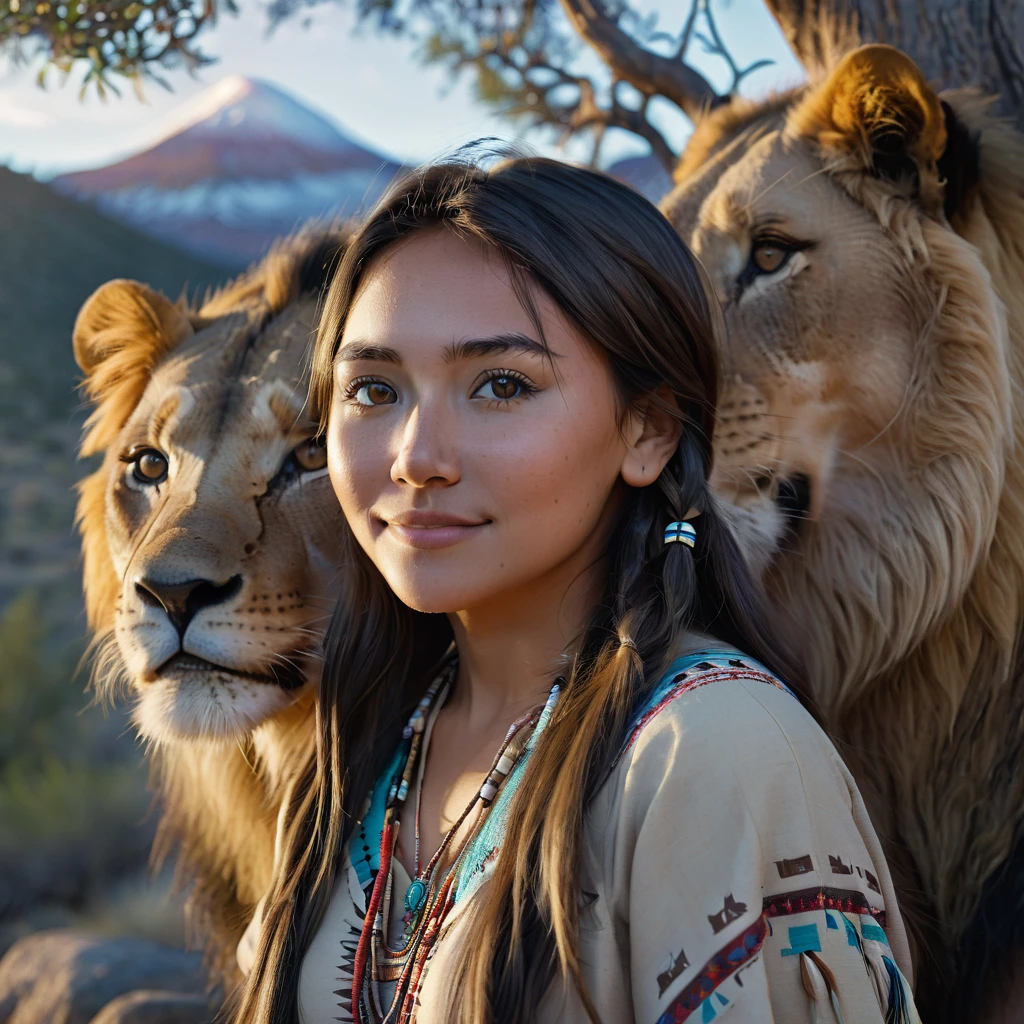 (grainy:0.5), cinematic, beautiful girl 25 year old,native american,fantasy,(solo:1.3), detailed eyes, detailed face, detailed native american clothing , volumetric lighting, dusk, extremely detailed background, standing next to tree and mountain, smiling, half closed eyes, tilted head, from side, sitting next to her lion